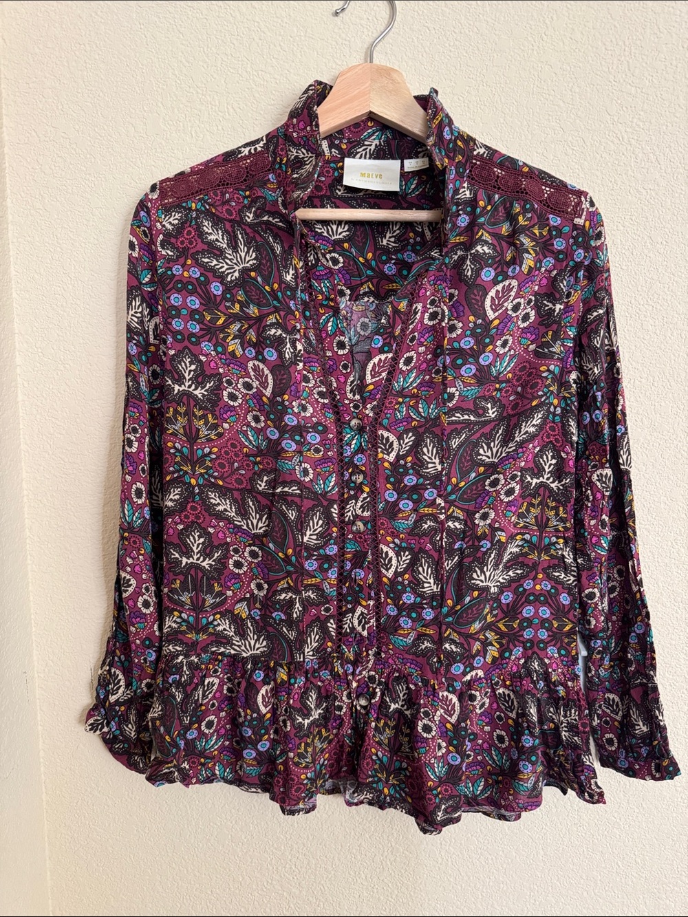 Maeve Plum Floral Button-Front Peplum Top with Teal Accents